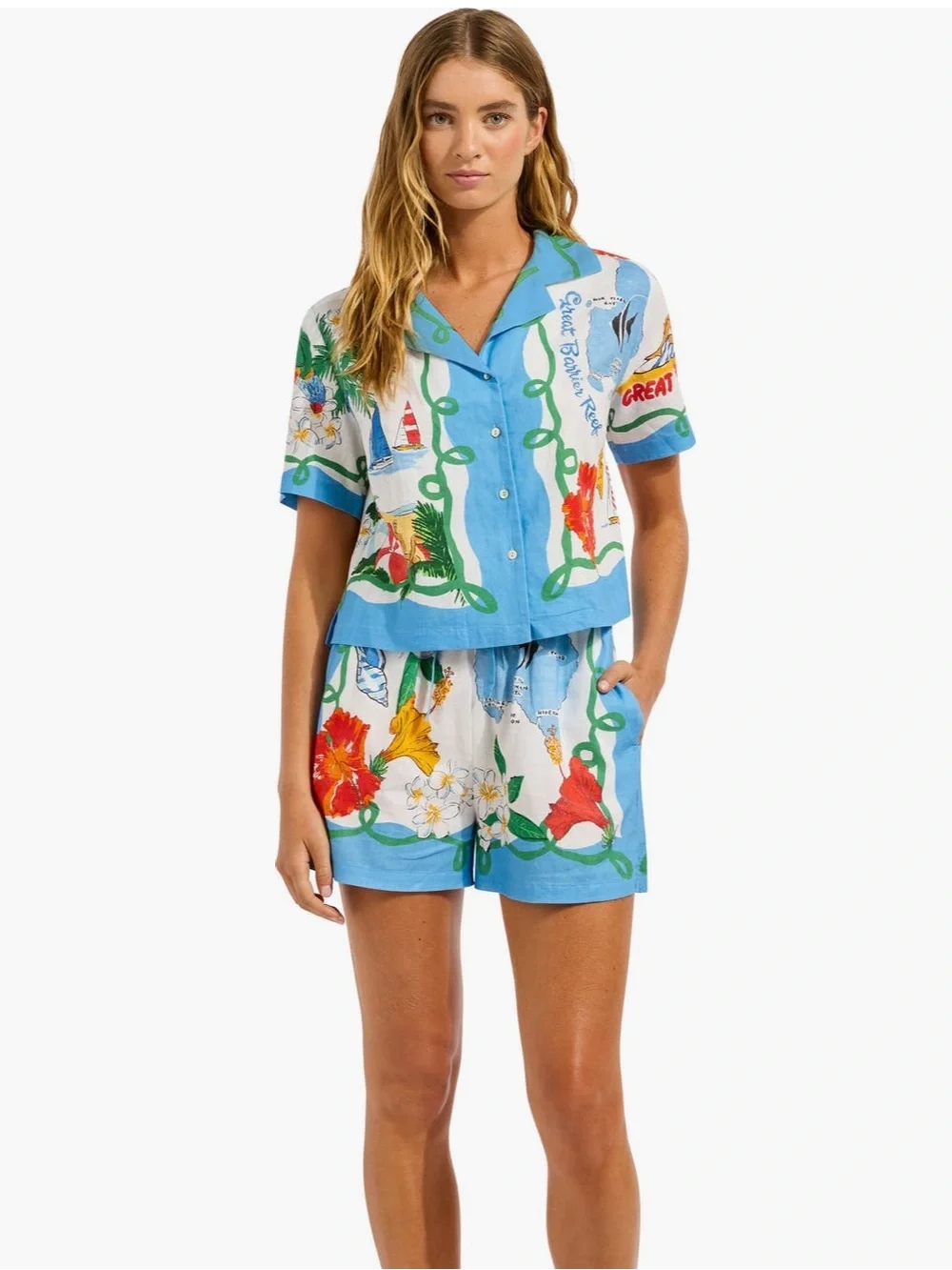 Seafolly Crop Linen Blend Button-Up Cover-Up Shirt
